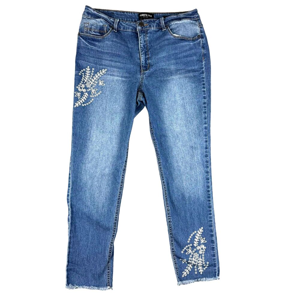 Kenneth Cole Jeans Women's 12 Blue Denim Julia Skinny Floral Embroidered Pants